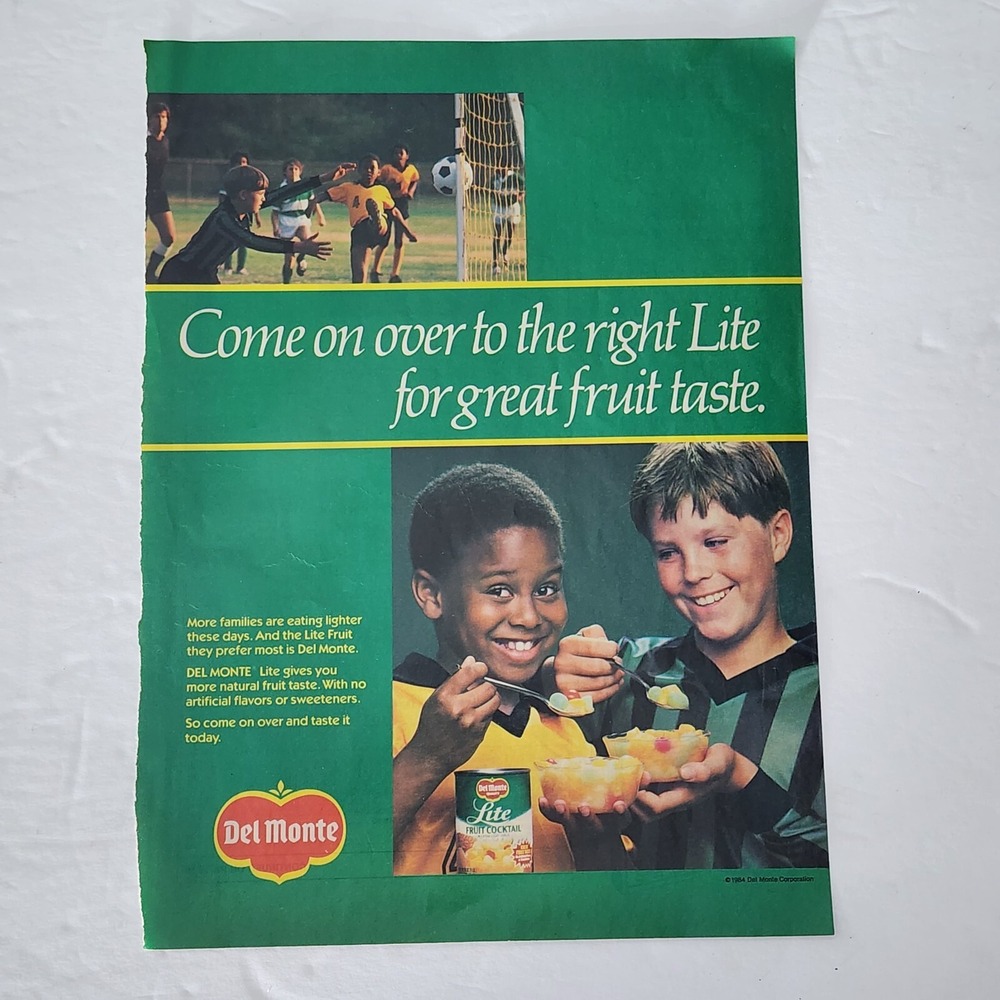 Vintage Print Ad DEL MONTE fruit cocktail boys playing soccer clipping 1985